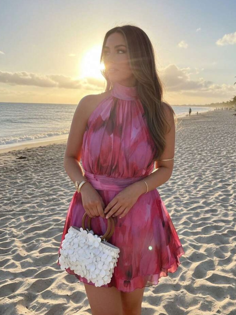 New Spring/Summer Sleeveless Mock Neck Brush Art Tiered Hem Backless Mini Dress